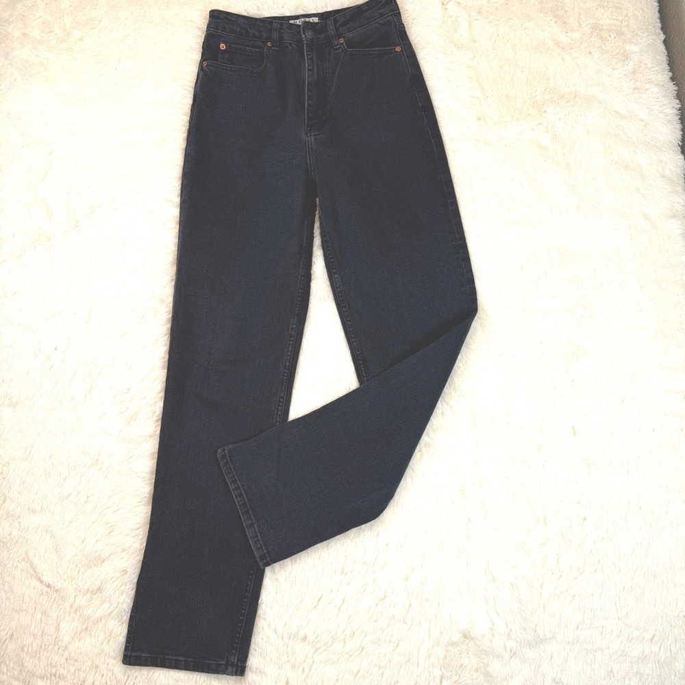 Motel Denim Jeans Women M Black High Rise Straight Leg Side Slit Hem Faded Wash